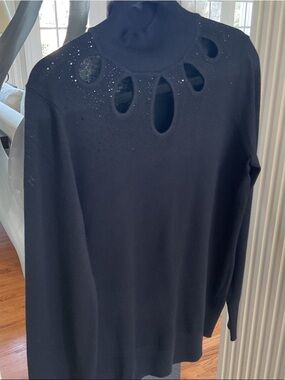 Cable & Gauge Black Cutout Crewneck Sweater with Rhinestone Detail